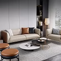Modern Living Room Sofa and Coffee Table Set with Accent Pillows and Round Ottoman