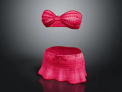 Women's Pink Plaid Bikini Top with Bow and Matching Skirt Set 3d model