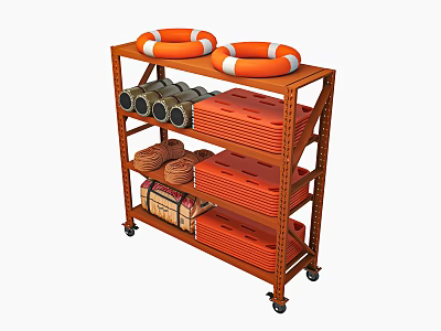 Orange Multiple Tier Storage Shelf With Lifebuoys Rope Reels And Boxes On Wheels 3d model