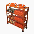 Orange Multiple Tier Storage Shelf With Lifebuoys Rope Reels And Boxes On Wheels