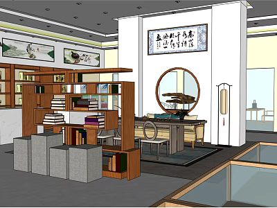 Traditional Chinese Style Book Specialty Store With Wooden Shelves Calligraphy Decor And Display Furniture 3d model