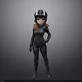 Cartoon Female Character In Black Bodysuit And Helmet Against Gray Background