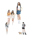 Group of Young Women in Stylish Summer Outfits with Corgi Dog