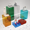Colorful Modern Display Shelves Showcasing Sculptures Shoes Handbags and Small Plants