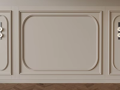 Cream Colored Paneled Background Wall with Decorative Molding and Herringbone Wooden Floor 3d model