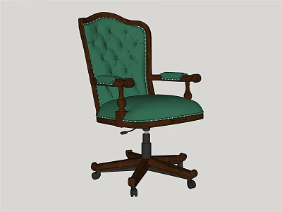Classic Office Chair With Tufted Green Backrest Wooden Armrests Swivel Base And Rolling Wheels 3d model