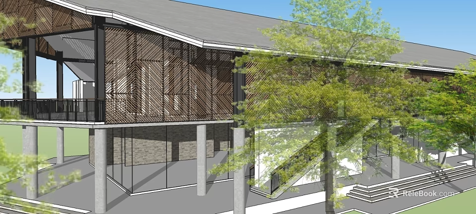 Modern Building Exterior Featuring Wooden Grille Glass Walls Columns Trees And Staircase 3d model 