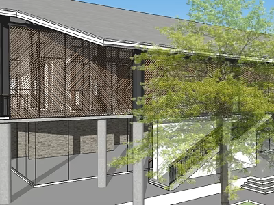 Modern Building Exterior Featuring Wooden Grille Glass Walls Columns Trees And Staircase 3d model