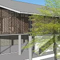 Modern Building Exterior Featuring Wooden Grille Glass Walls Columns Trees And Staircase