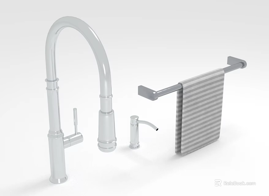 Modern Kitchen Faucet With Towel Rack Striped Towel And Small Auxiliary Faucet 3d model 