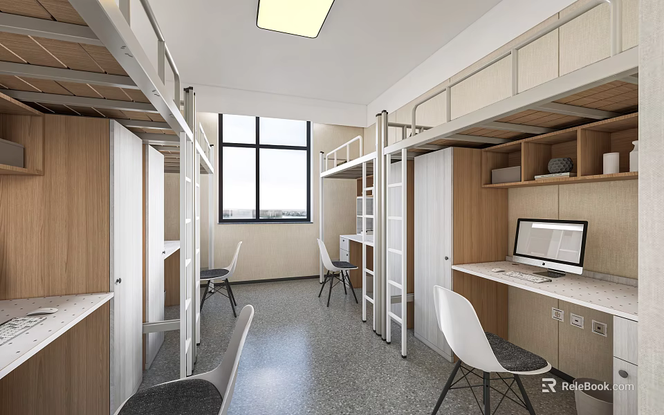 School Dormitory Interior With Bunk Beds Desks Chairs And Windows 3d model 