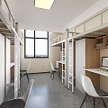School Dormitory Interior With Bunk Beds Desks Chairs And Windows 3d model