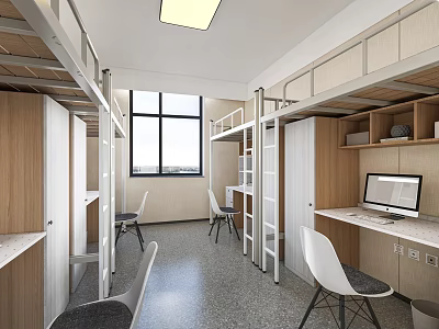 School Dormitory Interior With Bunk Beds Desks Chairs And Windows 3d model