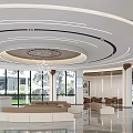 Modern Bank Lobby Interior With Circular Ceiling Lights Water Feature Seating Area And Marble Flooring