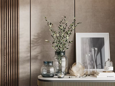 Elegant Decorative Ornament Combination Featuring Olive Branches Glass Vase Photo Frame Books On Tabletop 3d model