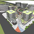 Modern Commercial Complex With Multiple Buildings Central Plaza And Green Spaces 3d model