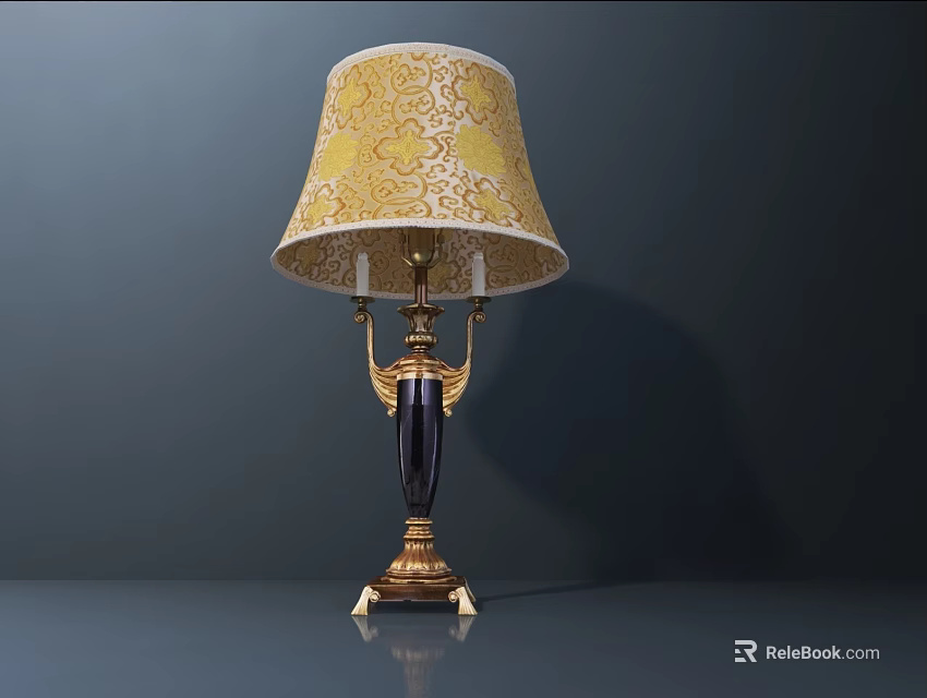 Elegant Double Arm Table Lamp With Yellow Patterned Lampshade Black Stem Golden Base 3d model 