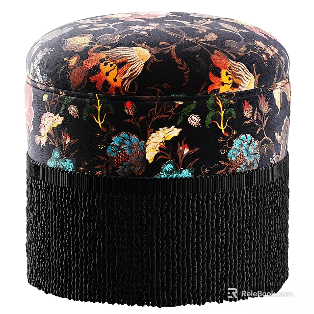 Black Sofa Stool With Colorful Floral And Fish Patterns And Tassel Trim 3d model 
