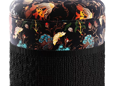 Black Sofa Stool With Colorful Floral And Fish Patterns And Tassel Trim 3d model
