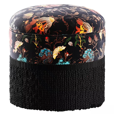 Black Sofa Stool With Colorful Floral And Fish Patterns And Tassel Trim 3d model