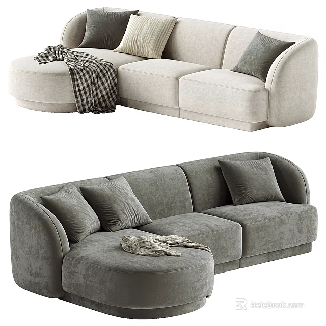 Stylish Curved Sectional Sofa With Neutral Tone Decorative Pillows And Soft Blanket 3d model 