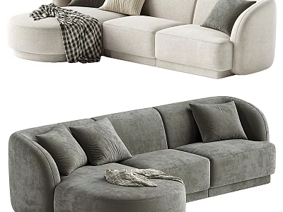Stylish Curved Sectional Sofa With Neutral Tone Decorative Pillows And Soft Blanket 3d model