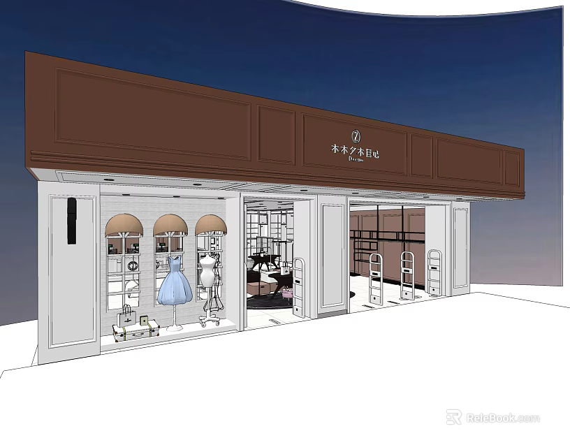 Modern Fashionable Clothing Store Exterior With Illuminated Window Displays And Mannequins 3d model 