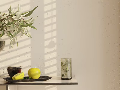 Decorative Ornament Combination With Olive Branch Black Tray Lemon Glasses And Sunlight Shadows 3d model