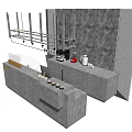 Modern Reception Desk Design With Gray Surface And Hanging Lighting Fixtures