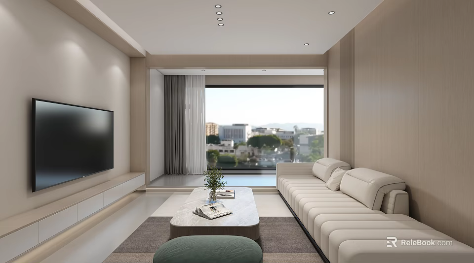 Modern Minimalist Living Dining Room With Beige Sofa Large TV And City View Through Window 3d model 