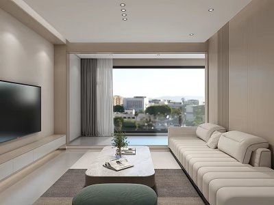 Modern Minimalist Living Dining Room With Beige Sofa Large TV And City View Through Window 3d model