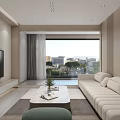 Modern Minimalist Living Dining Room With Beige Sofa Large TV And City View Through Window