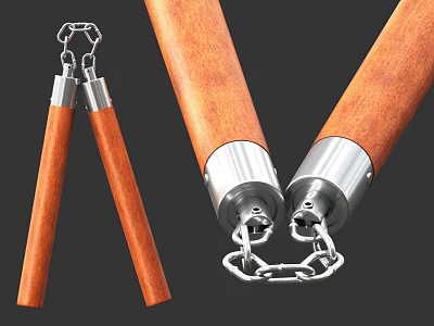 Martial Arts Nunchucks Weapon With Wooden Handles And Metal Chain Connection 3d model