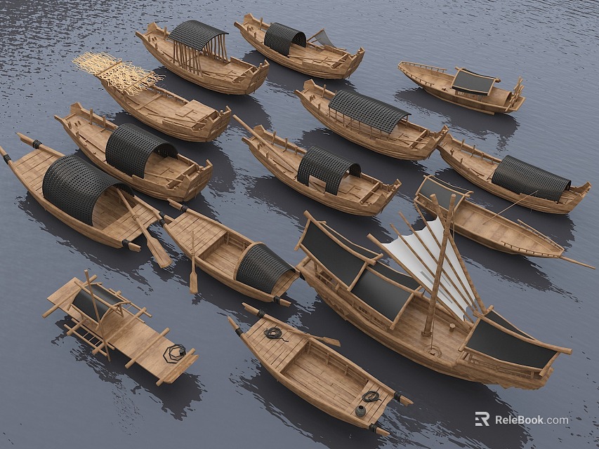 Traditional Wooden Boats In Various Styles With Natural Wood On Calm Water Surface 3d model 