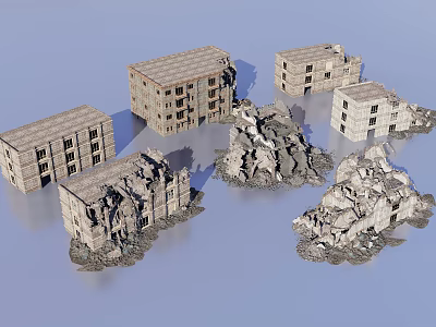 Damaged Urban Building Complex With Collapsed Structures Broken Walls And Scattered Rubble 3d model