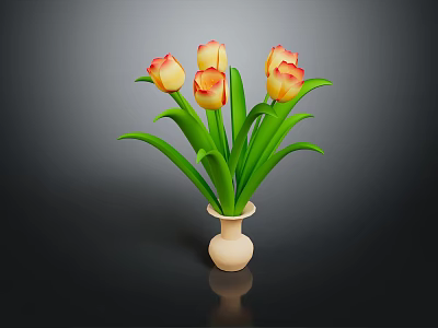Beautiful Tulips with Yellow Red Gradient Petals Green Leaves in Light Vase on Dark Background 3d model