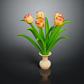 Beautiful Tulips with Yellow Red Gradient Petals Green Leaves in Light Vase on Dark Background
