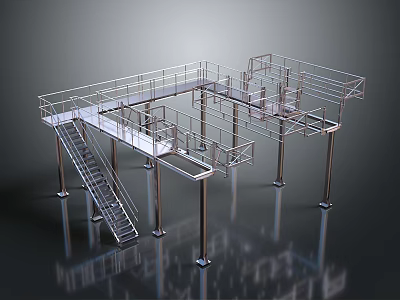 Industrial Steel Platform Structure With Staircase Railings And Support Columns 3d model