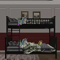 Bedroom With Black Bunk Bed Green Leaf Bedding White Red Walls And Framed