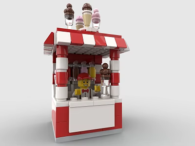 Building Block Ice Cream Stand With Red And White Striped Awning And Mini Figure 3d model