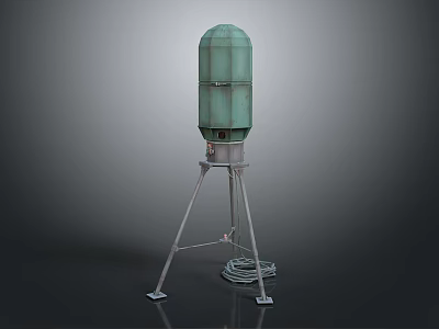 Green Cylindrical Equipment with Metal Tripod Base and Cable Nearby 3d model