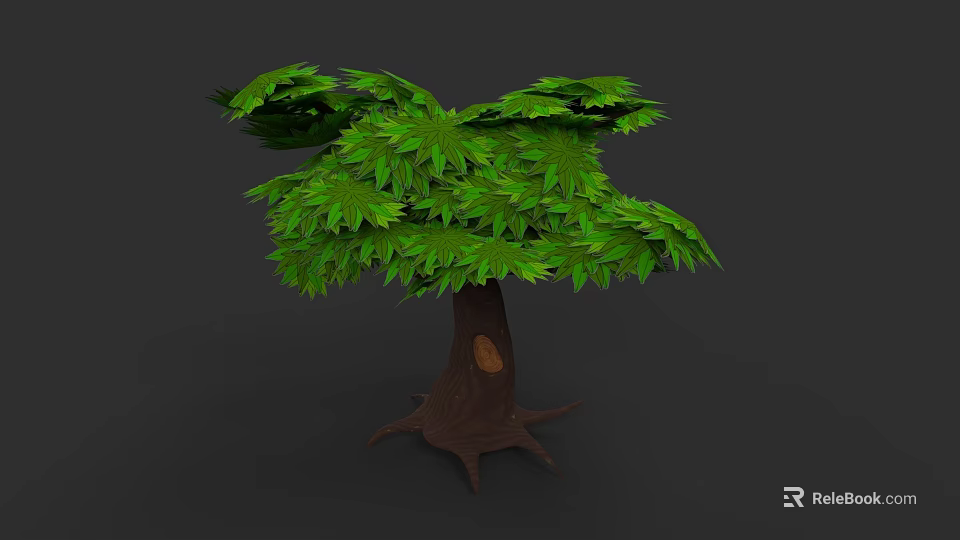 Botanical Plant Painting with Green Leaves Brown Trunk Hole and Exposed Roots on Dark Background 3d model 
