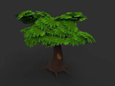 Botanical Plant Painting with Green Leaves Brown Trunk Hole and Exposed Roots on Dark Background 3d model