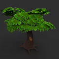 Botanical Plant Painting with Green Leaves Brown Trunk Hole and Exposed Roots on Dark Background