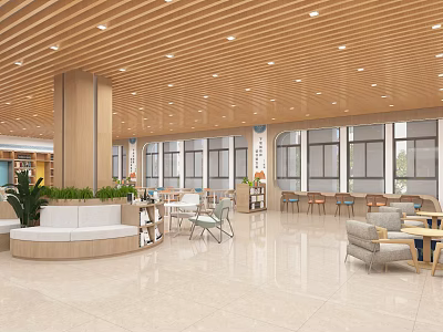 Modern Restaurant Interior With Open Design Wooden Ceiling Large Windows And Green Plants 3d model