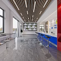 Modern Service Hall Interior Design With Service Counters Bright Lighting Large Windows And Marble Floor