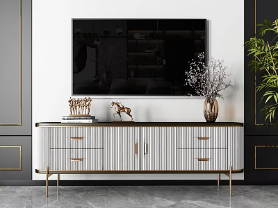 Modern White Black TV Stand with Gold Legs Deer Figurine Vase and Books 3d model