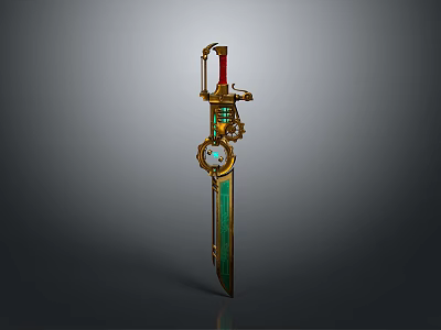 Ornate Fantasy Sword With Golden Accents Green Blade And Circular Gem Details 3d model