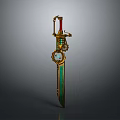 Ornate Fantasy Sword With Golden Accents Green Blade And Circular Gem Details