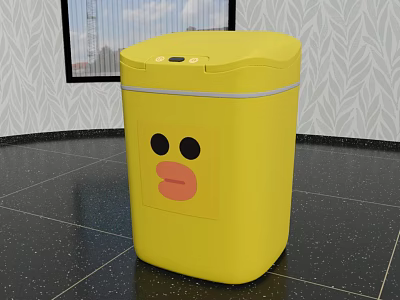Public Facility Yellow Trash Bin With Cartoon Face Design In Indoor Setting 3d model